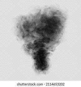 Black smoke clouds, dirty toxic fog or smog. Vector realistic illustration of dark smoky from fire, explosion or burning coal. Black fume texture isolated on transparent background.