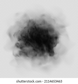 Black smoke clouds, dirty toxic fog or smog. Vector realistic illustration of dark smoky from fire or explosion. Black fume texture isolated on transparent background.