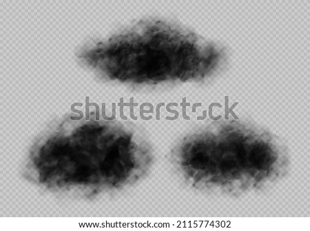 Black smoke clouds, dirty toxic fog or smog. Vector realistic illustration of dark smoky from fire, explosion or burning coal. Black fume texture isolated on transparent background
