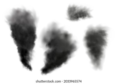 Black smoke clouds .Industrial smog, factory or plant environmental air pollution isolated on a white background.Vector realistic illustration.