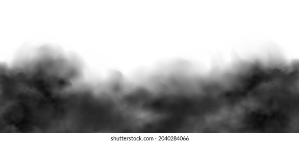 Black smoke clouds .Industrial smog, factory or plant environmental air pollution isolated on a white background.Vector realistic illustration.