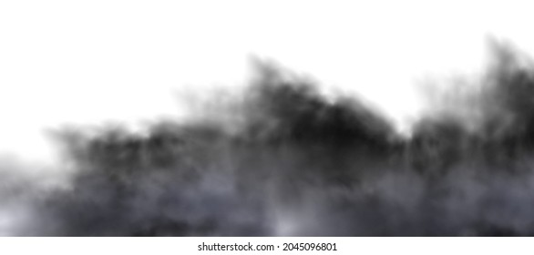 Black smoke clouds .Industrial smog, factory or plant environmental air pollution isolated on a white background.Vector realistic illustration.