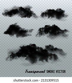 Vectores negros de humo y nubes sobre fondo transparente.