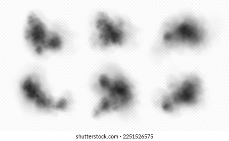 Black smoke, dark mist or fog, toxic spooky clouds set, realistic black powder. Transparent vector effect.