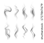 Black smoke effect. Nature burning fire steam. Isolated smoke black explosion. Abstract realistic trail of dark fog or vapor vector set
