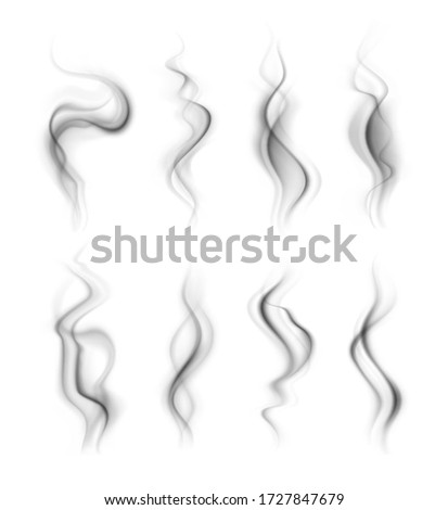 Black smoke effect. Nature burning fire steam. Isolated smoke black explosion. Abstract realistic trail of dark fog or vapor vector set