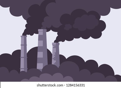 Black smoke from factory chimneys coming into air. Air pollution concept. Flat vector illustration.