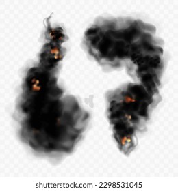 Black smoke with fire, dark misty clouds or steam trails. Industrial smog, fumes, air pollution, soot, isolated on transparent background, realistic 3d vector illustration.