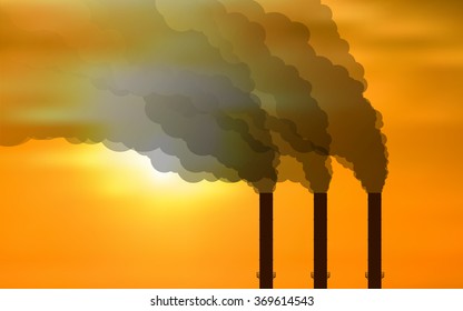 black smoke floating from Multiple smokestack with the sun at evening or morning under yellow sky background (vector)