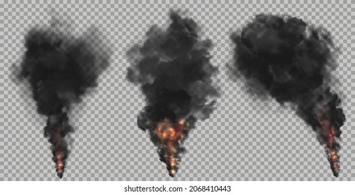 Black smoke and fog clouds with fire flames. Industrial air pollution and burning forests. Realistic 3d vector dark steam trails, smog, factory or plant environmental contamination isolated flows