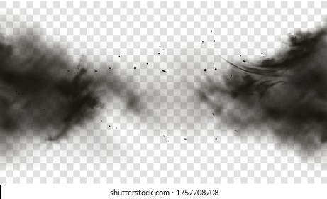 Black smoke or fog isolated on transparent light background. Abstract black powder explosion with particles. Colorful dust cloud explode, paint holi, mist smog effect. Realistic vector illustration
