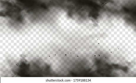 Black smoke or fog isolated on transparent light background. Abstract black powder explosion with particles. Colorful dust cloud explode, paint holi, mist smog effect. Realistic vector illustration