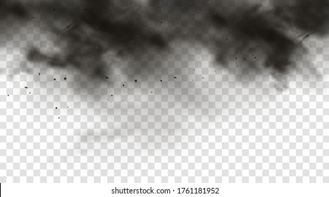 Black smoke or fog isolated on transparent light background. Abstract black powder explosion with particles. Colorful dust cloud explode, paint holi, mist smog effect. Realistic vector illustration