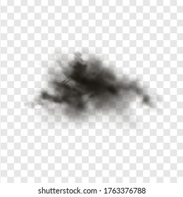 Black smoke or fog isolated on transparent light background. Abstract black powder explosion with particles. Colorful dust cloud explode, paint holi, mist smog effect. Realistic vector illustration