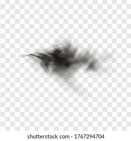 Black smoke or fog isolated on transparent light background. Abstract black powder explosion with particles. Colorful dust cloud explode, paint holi, mist smog effect. Realistic vector illustration