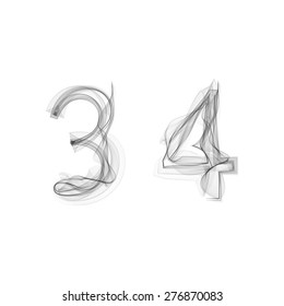 Black Smoke font on white background. Numbers 3 4. Character three four. Vector illustration.