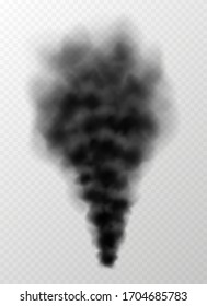 Black smoke isolated on transparent background. Thick dark cloud, huge disaster concept. Vector illustration.