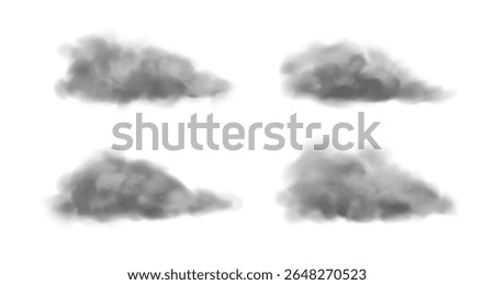 Black smoke on ground. Vector realistic dust from car wheels. Fog on the road with transparency