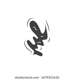 Black smoke silhouette, simple cartoon fog cloud shape, comic burning sign with spiral curve trail in hand drawn style, bad smell or scent symbol vector illustration on white background
