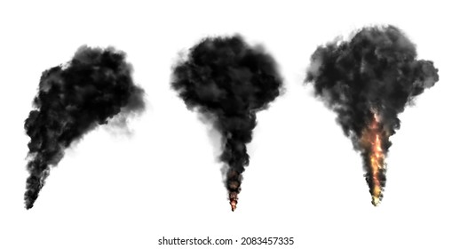 Black smoke and smog clouds with fire flames, industrial air pollution and burning forest. Realistic 3d vector steam trails, factory or plant Co2 gas emission, explosion isolated on white background