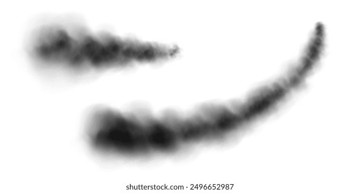 Black smoke trails, dark fog in the sky, black vapor from burning fire. Vector illustration.