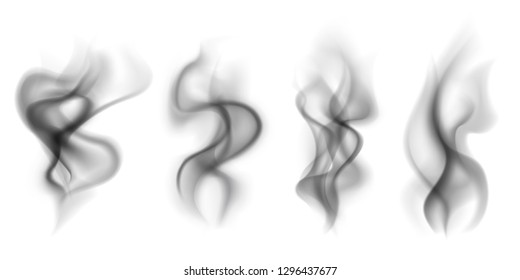 Black Smoke. Transparent Smoking Clouds Hot Food Steam Cigarette Tea Coffee Smoke Steaming Texture Isolated On White Vector Set