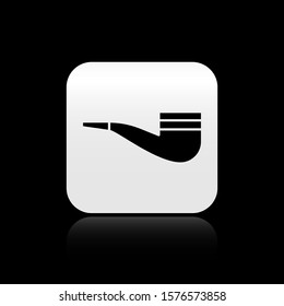 Black Smoking pipe with smoke icon isolated on black background. Tobacco pipe. Silver square button. Vector Illustration