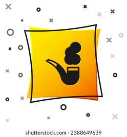 Black Smoking pipe with smoke icon isolated on white background. Tobacco pipe. Yellow square button. Vector