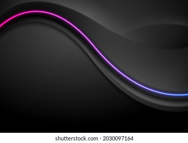Fondo abstracto negro liso con una ola morada azul neón. Diseño vectorial futurista