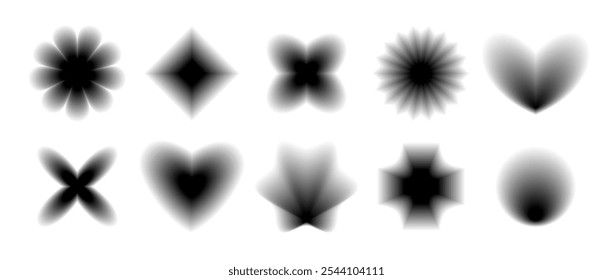 Black smooth blurred gradient form set. Grunge goth blurry aura shape collection. Fading abstract elements for poster, template, badge, sticker, collage. Vector flower, star, wave and heart pack