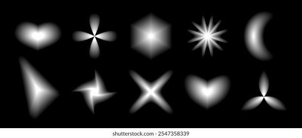 Black smooth blurred gradient form set. Grunge blurry geometric shape collection. Fading abstract elements for poster, template, badge, sticker, collage. Vector flowers, stars, heart pack