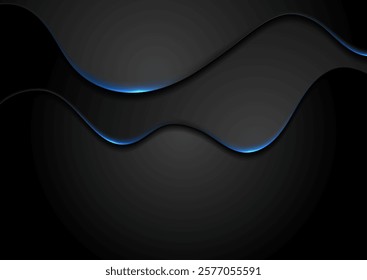 Black smooth elegant waves with blue neon light abstract background. Vector design