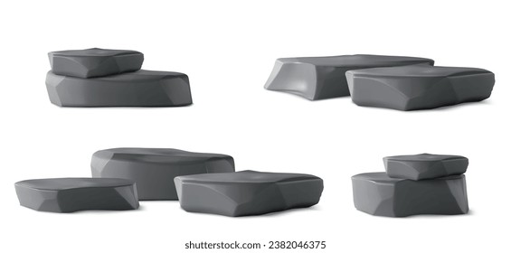 Black smooth stones as product display podium. 3D render vector illustration set of various compositions of flat floor pedestal with dark glossy rock texture. Mockup of gray cosmetic production stand.