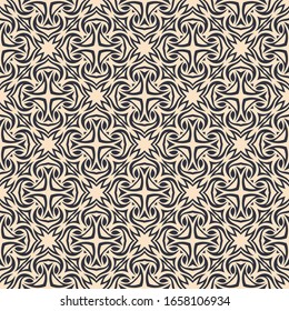 black, smoothly curved art contours and shapes are arranged in a specific order on a beige background. two-color seamless pattern. vector
