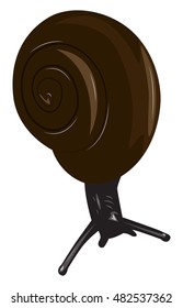 Black snail with a brown shell. Cartoon vector illustration