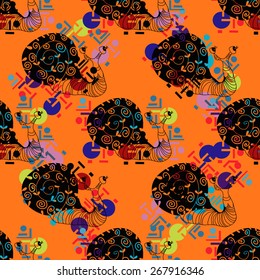 Black snail on an orange background. Seamless.