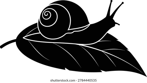 Black snail resting on a green leaf in nature