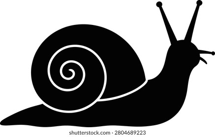 Black snail silhouette with spiral shell and antennae moving slowly