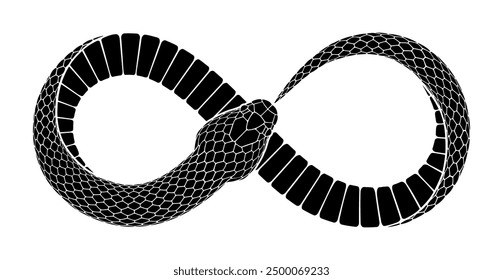 Black snake bites its tail in the form of infinity sign. Ouroboros symbol illustration. Vector serpent tattoo design isolated on white background.