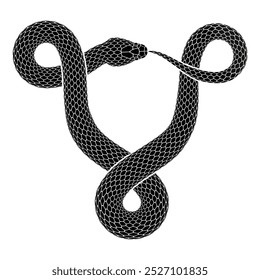 A cobra negra morde a cauda em forma de um sinal de nó triquetra. Ilustração triangular do símbolo de ouroboros. Projeto de tatuagem de serpente vetorial isolado em fundo branco.