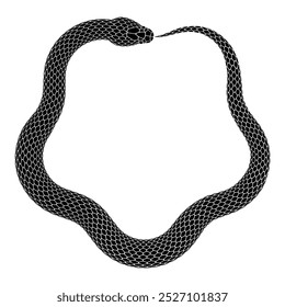 Black snake bites its tail in the form of pentagon. Ouroboros symbol illustration. Vector serpent tattoo design isolated on white background.