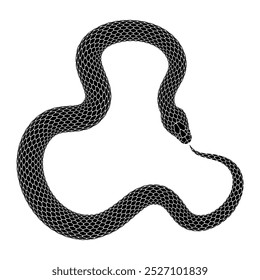 Schwarze Schlange beißt sich in Form eines Deltazeichens in den Schwanz. Dreieckige äußere Symbolgrafik. Vektorserpent Tattoo Design einzeln auf weißem Hintergrund.