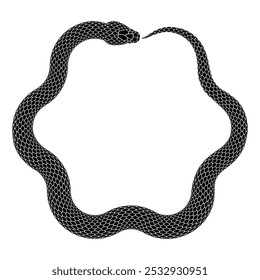 La serpiente negra muerde su cola en forma de hexágono. Ilustración del símbolo de Ouroboros. Diseño del tatuaje de la serpiente del Vector aislado en el fondo blanco.