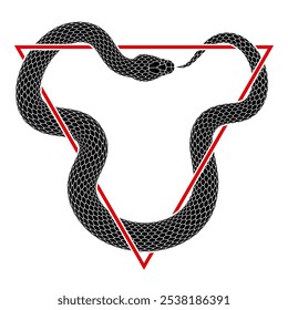 La serpiente negra muerde su cola entrelazada con un signo delta invertido. Ilustración de símbolo de ouroboros triangular. Diseño del tatuaje de la serpiente del Vector aislado en el fondo blanco.