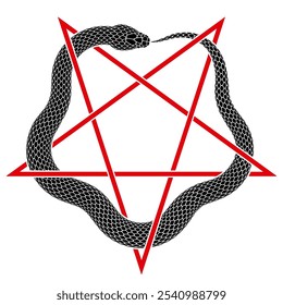 La serpiente negra muerde su cola entrelazada con un pentagrama. Ilustración del símbolo de Ouroboros. Diseño del tatuaje de la serpiente del Vector aislado en el fondo blanco.