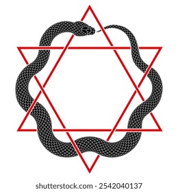 La serpiente negra muerde su cola entrelazada con el signo del hexagrama. Ilustración del símbolo de Ouroboros. Diseño del tatuaje de la serpiente del Vector aislado en el fondo blanco.