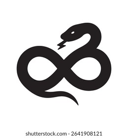 A black snake coiled in an infinity symbol with its tongue sticking out on a white background