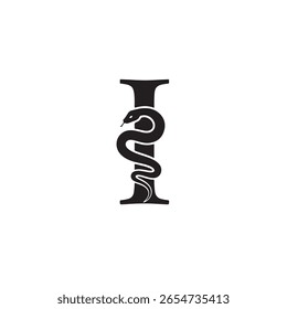 Uma cobra preta serpenteia ao redor da letra I, ambas exibidas em preto claro em um fundo branco brilhante, criando uma imagem limpa, minimalista, mas impressionante.