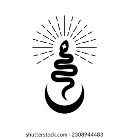 Black snake with crescent moon and light rays magic boho icon flat vector design