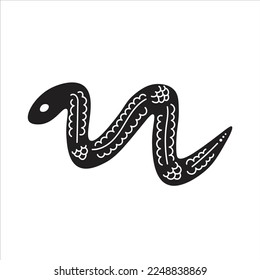 Black snake in doodle style. Sacred symbol, emblem for mystical topics. Isolated black and white vector illustration of snake